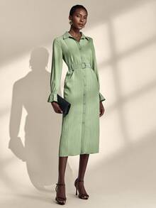 Chiquease Women's Elegant Patchwork Waist Loose Long Sleeve Midi Dress - Green - View 5