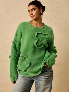 Travachic Women's Plus Fuzzy Crew Neck Green Long Sleeve Knitted Sweater, Fashion For Winter 2025 Fall - Green - View 1