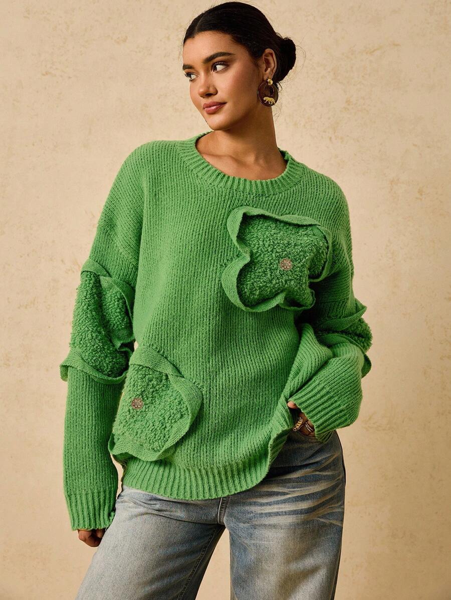 Travachic Women's Plus Fuzzy Crew Neck Green Long Sleeve Knitted Sweater, Fashion For Winter 2025 Fall - Green - View 1
