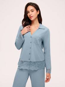 LUVLETTE 秋冬季柔软舒适100%纯棉迷雾森林风蓝色蕾丝优雅饰边纽扣上衣和裤子家居服女士透气睡衣套装裤子带口袋浪漫居家舒适秋季睡衣 - 薄荷藍 - 查看 4