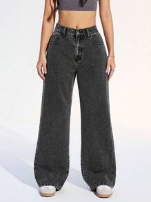 SHEIN ICON 纯色口袋纽扣休闲牛仔裤