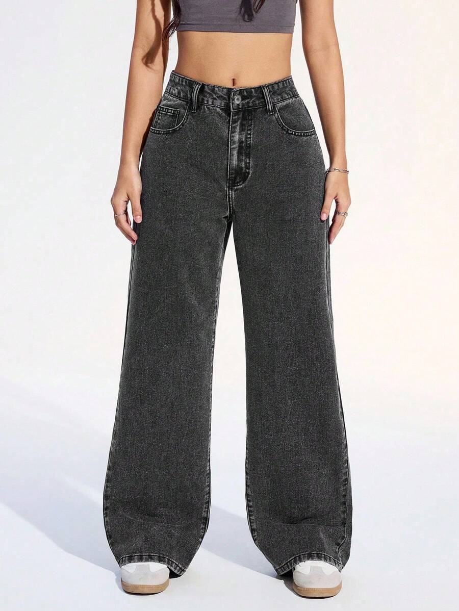 SHEIN ICON 纯色口袋纽扣休闲牛仔裤