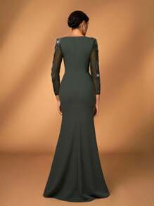 Serin Elegant Luxurious Lace Beaded Applique Sheer Long Sleeve Ruched Mermaid Hem Stretch Knit Dress, Suitable For Wedding, Party, Vacation, Prom, Evening Gown, Mother Of The Bride, Valentine's Day - Olive Green - View 3