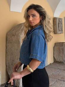 Jeta Ari 休闲度假短袖短款牛仔夹克 - 中等水洗藍 - 查看 5