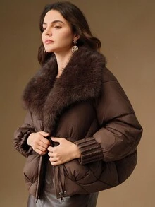 Anewsta Women's Fashionable Solid Color Fur Collar Jacket, Winter - Brown - View 6