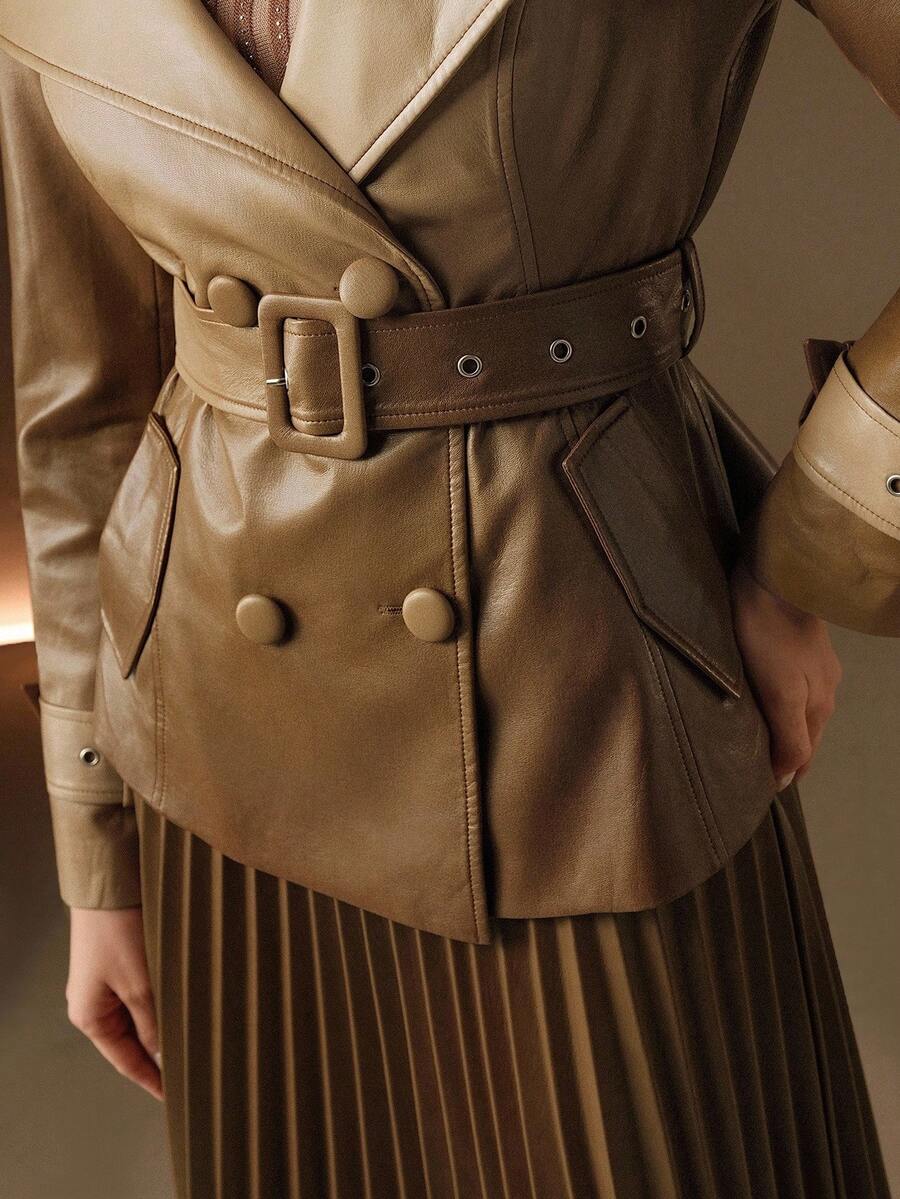 Anewsta 优雅复古渐变色 PU 皮夹克，超大衣领和腰带，短款修身款式，秋冬 - 黑色 - 查看 1