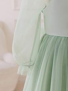 Glamorique Kids Girls' Autumn/Winter Green Satin & Tulle Patchwork Long Sleeve Elegant Party Flower Girl Dress Fall