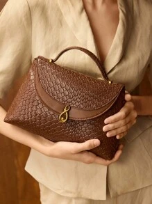 MOTF PREMIUM PU LEATHER CROCODILE PATTERN BUCKLE TOP HANDLE BAG - Coffee Brown - View 1