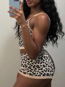 2pcs/Set Women Leopard Print Lace Patchwork Camisole And Shorts Set - Multicolor - View 2