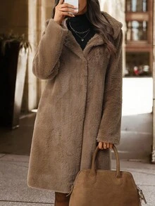 Editum Women's Elegant Hooded Fluffy Pocket Coat, Autumn/Winter Faux Thermal Lined Jackethalloween Christmas Party Elegant Going Out Saudi National Day Christmas Clothes Autumn Clothes For  Women's Winter Jacketfall Clothes For Women Winter Clothes Women's Winter Jacket Halloween Party - Brown - View 6