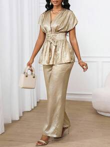 SHEIN Lady Women's Two Pieces Suits Elegant Gold Hot Stamping Fabric Tops And Wide-Leg Pants Casual Suits,Summer Holiday Dinner Business Casual 2025 New Style - Khaki - View 4