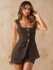 SHEIN BAE Spring/Summer White & Apricot Square Neck Sleeveless Vest & White Mini Skirt Two Pieces Set, Suitable For Beach, Vacation, Brunch, Wedding Guest, Suit Two Pieces, White Two Pieces - Coffee Brown - View 1