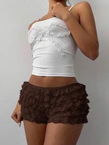 Aloruh Women's Lace Trim Mesh Multi-Layer Ruffle Hem Cake Shorts, Fashionable Contrast Color For Music Festival, Spring/Summer - Brown - View 7