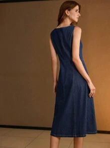 MOTF PREMIUM 优雅休闲通勤金属纽扣腰牛仔中长连衣裙 - 藍色 - 查看 3