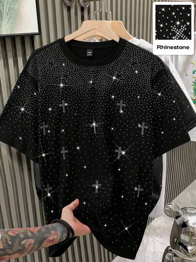 Claim Dot 1 pieza Camiseta de manga corta casual y holgada para hombre, color negro, con decoración de rhinestones, silueta cuadrada oversize, estilo urbano maduro, adecuada para el trabajo, uso diario, regalo para novio/esposo, combinación de pareja
