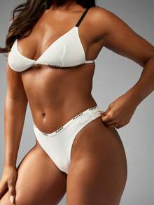 Missguided x Playboy Bộ đồ lót tam giác có gân cạp cao, quần lót dây thun, dây đeo có thể điều chỉnh, quần lót Hipster mềm mại, không đường may, thoải mái, mặc hàng ngày, bộ đồ lót cơ bản - trắng - Xem 5