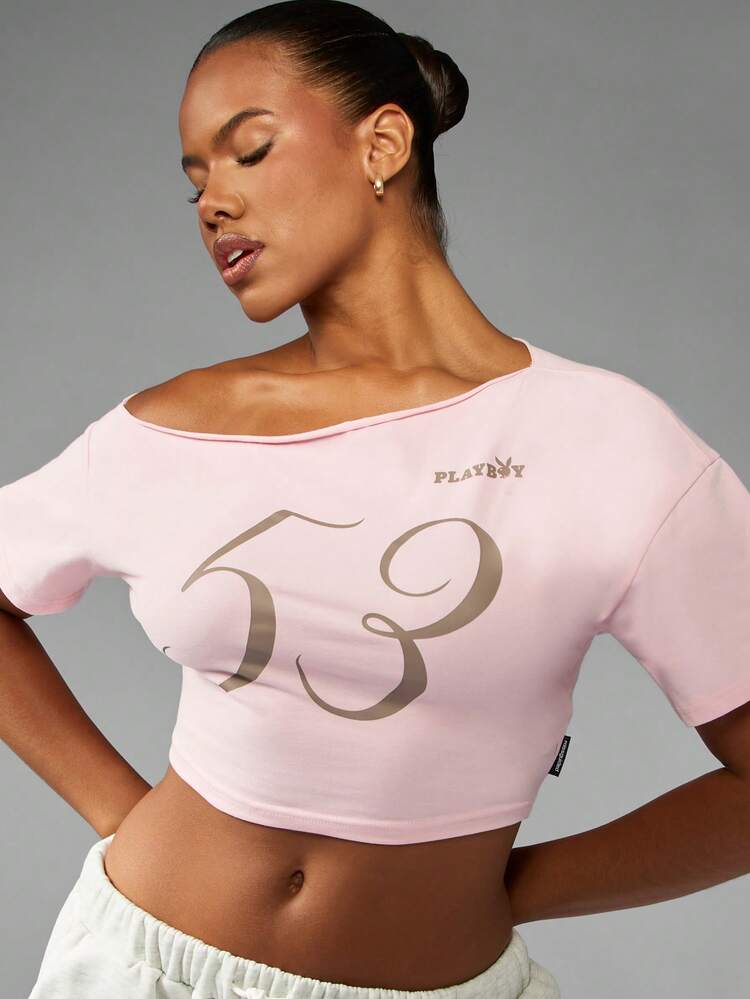 Missguided x Playboy 오프 숄더 그래픽 크롭 탑 레트로 디자인 반팔 캐주얼 여름 봄 에스테틱 숫자 프린트 패션 파티 클럽 기본