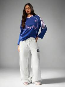 Missguided x Playboy 长袖足球球衣，印有字母Logo和号码，撞色滚边，2026世界杯运动时尚比赛日足球潮牌球衣 - 寶藍色 - 查看 3