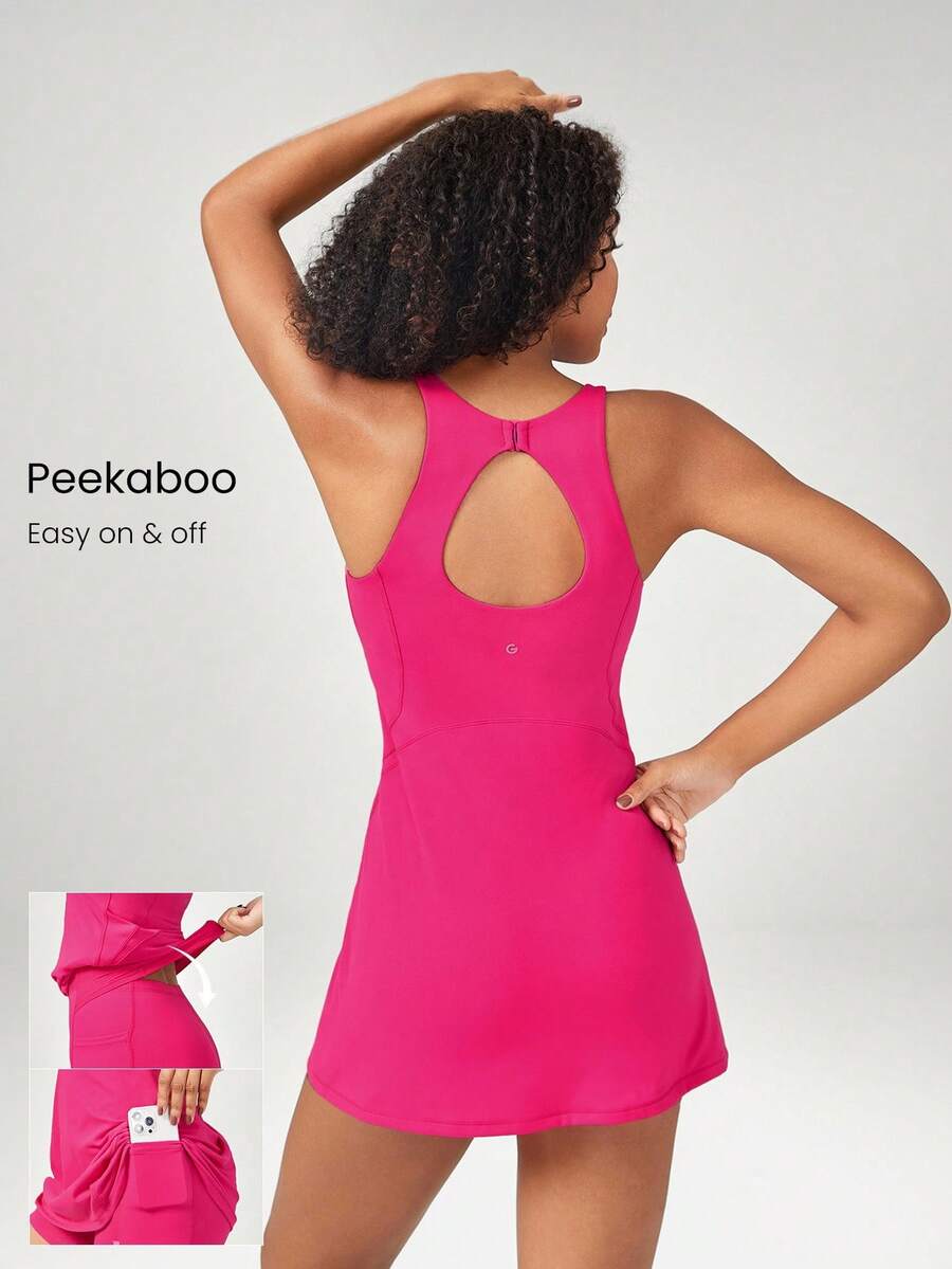 GLOWMODE FeatherFit™-Air Peekaboo Cut-Out Pocket Multifunctional Athletic Dress With Built-In Shorts Light Support Low Impact Yoga Pilates Daily Summer Quick Dry Moisture Wicking - Tropical Pink - View 1