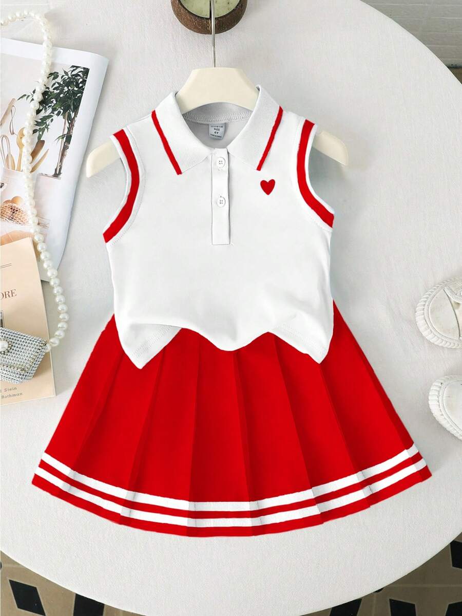 Elladie kids 2 件套女童学院风心形印花领无袖上衣和带缎带饰边的褶边裙，适合夏季返校季