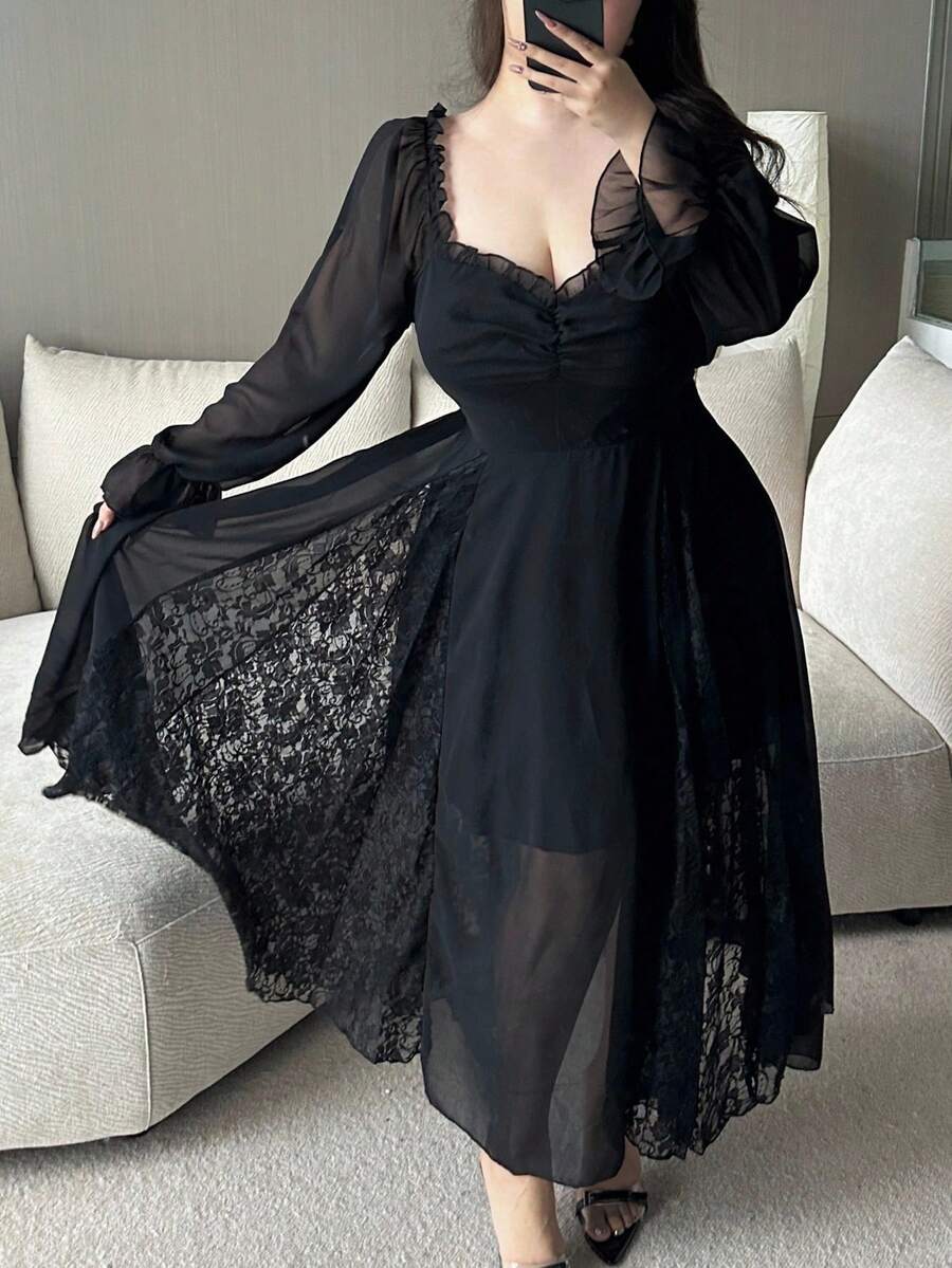 Flirla 优雅蕾丝边泡泡袖连衣裙，收腰，度假，海滩，生日，法式时尚 - 黑色 - 查看 1