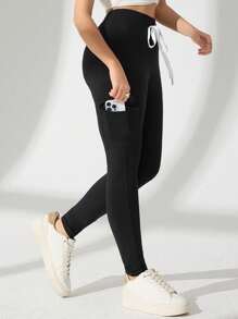 Modelyn Women's Solid Color Drawstring Skinny Pocket Leggings Fall Cloth For Women