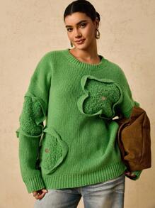 Travachic Women's Plus Fuzzy Crew Neck Green Long Sleeve Knitted Sweater, Fashion For Winter 2025 Fall - Green - View 4