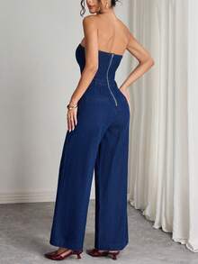 Elenzga 女式露肩口袋设计阔腿时尚牛仔连体裤 - 藍色 - 查看 2