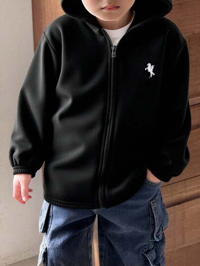 SHEIN 1 件年轻男孩休闲学院风舒适纯黑色时尚刺绣马图案拉链连帽开衫夹克外套棉服，适合秋冬季