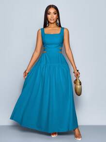 SOLERSUN Váy chữ A hở lưng xếp ly cổ vuông thanh lịch cho nữ diện Hawaii, Váy mùa hè cho nữ, Váy tiệc trà, Váy maxi tốt nghiệp màu trắng - Màu xanh ngọc - Xem 5