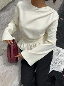 Siren Gaze Ruched Drape Long Sleeve Shirt, White Collar Shirt, Crew Neck Pullover Shirt Peplum Blouse Ruffle Blouse Cream Blouse Modest Blouse Winter Casual Spring - Apricot - View 5