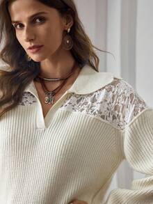 SHEIN LUNE LanaWest Women's Solid Color Contrast Lace Casual Sweater Fall Winter Cloth For Women - Beige - View 4
