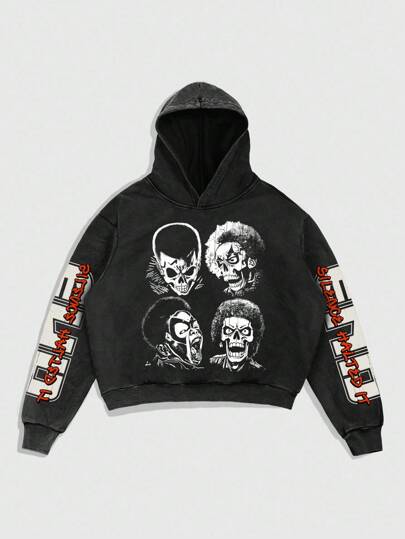 Goth Sudadera con capucha de manga larga con forro térmico con estampado de letras y calavera para hombre