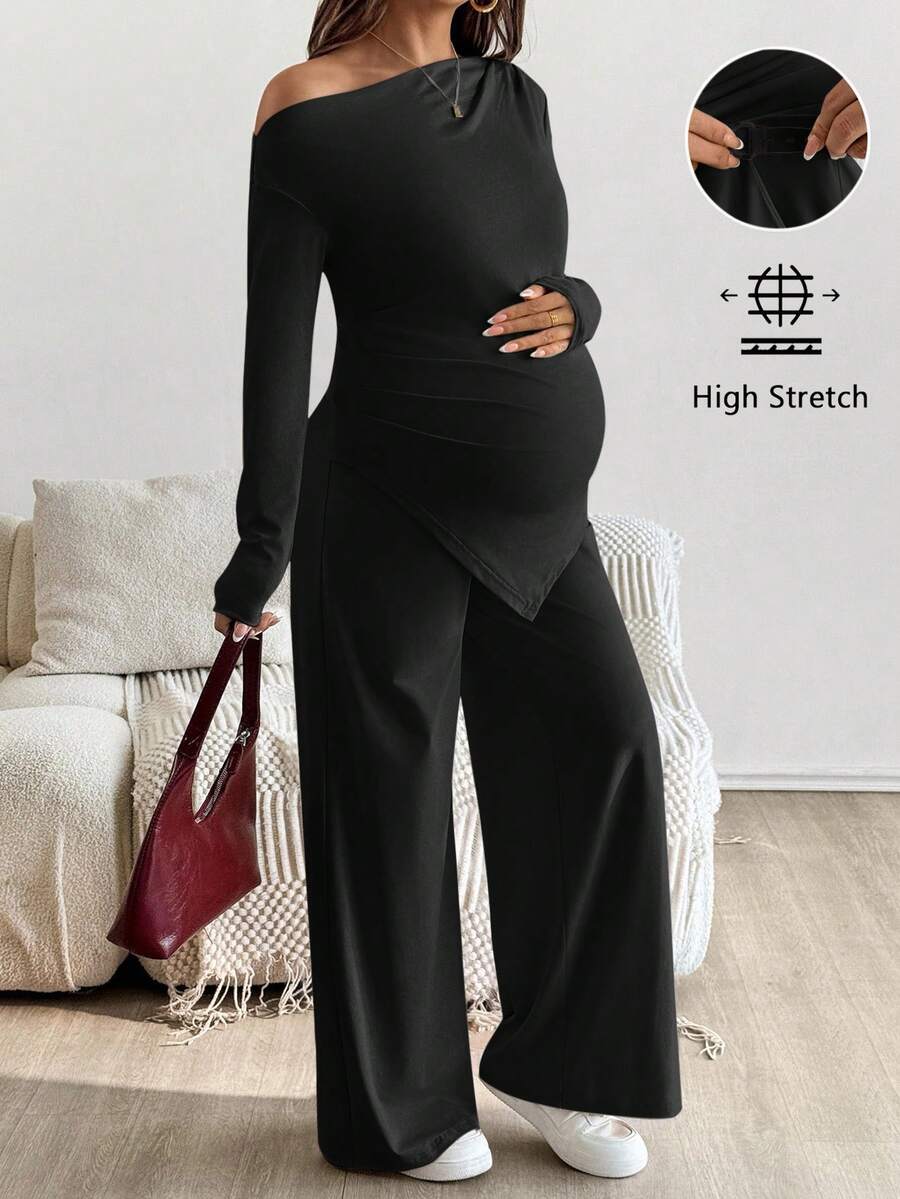 SHEIN 2pcs Maternity Casual Solid Asymmetric Top And Pants Set Pregnant Two Piece Set Black Maternity Two Piece Set Maternity Clothes Two Piece Set Maternity Two Piece Outfit Pregnancy Outfits - Black - View 1