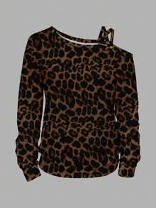 SHEIN LUNE Áo thun dài tay nữ họa tiết da báo, kiểu dáng thường ngày, thích hợp cho mùa thu/đông, trang phục công sở thường ngày, áo mùa thu cho nữ, kiểu trễ vai, phong cách thường ngày. - Nhiều màu - Xem 2