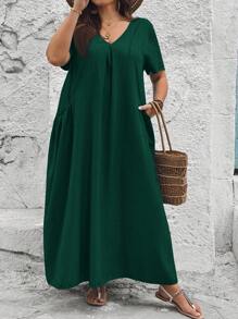 SHEIN CURVE+ 大码宽松休闲女式春夏连衣裙，带口袋，适合夏季穿着，可作沙滩装、沙滩裙、海滩度假装、海滩必备单品、毕业典礼装、下午茶会装、夏季乡村风、海滩度假装、沙滩装、沙滩服饰。 - 墨綠色 - 查看 4