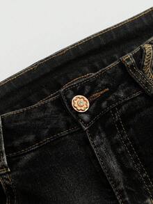 ROMWE Fairycore Quần short denim bó sát lưng thấp thêu hình bướm và đầu lâu cổ điển Y2K gợi cảm dành cho nữ, mùa hè - màu đen - Xem 6