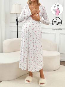 SHEIN Maternity Casual Ditsy Floral Front Button Dress,Pajama,Pajama Dress,Loungewear,Sleepwear - White - View 1