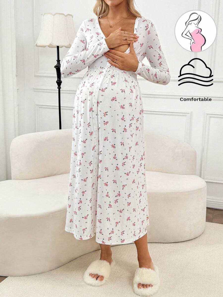 SHEIN Maternity Casual Ditsy Floral Front Button Dress,Pajama,Pajama Dress,Loungewear,Sleepwear - White - View 1