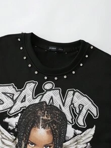 ROMWE MEN Street Life 男士闪亮钻石印花十字长袖 T 恤，宽松短款，秋季 - 黑色 - 查看 4