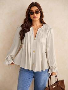 Elaquor 大码纯色 V 领落肩长袖纽扣前开襟衬衫