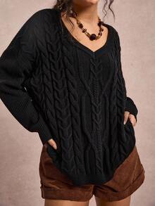 SHEIN VCAY Plus Size Women's Black Autumn Smart Casual V-Neck Cable Knit Sweater,Loose Dropped Shoulder Long Sleeve Pullover For Vacation,Daily Commute Basic - Black - View 3
