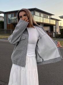 DAZY 女士翻领装饰宽松休闲都市夹克冬季女式外套 - 淺灰色 - 查看 4