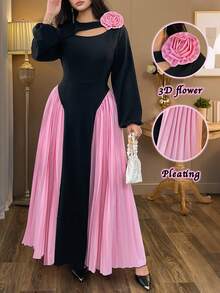 Auvina Women's Plus Size Black & Pink Patchwork Round Neck Hollow Out Pleated Long Sleeve Floral Decor Maxi Dress, Spring/Autumn