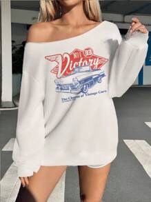 SHEIN EZwear Große Größen Lässiger Retro-Auto-Buchstaben-Muster Off-Shoulder, locker sitzender Langarm-Sweatshirt für Damen, geeignet für Herbst/Winter