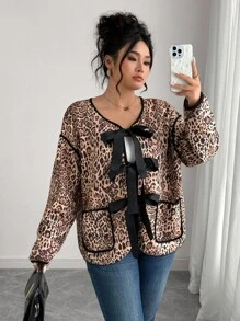 Elenzga Plus Size Women's Leopard Print Contrast Piping Tie Front Loose Jacket, Casual Style For Spring & Autumn Winter Autumn Fall - Multicolor - View 5