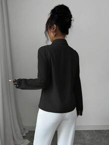 Elenzga 女士杏色仿珍珠拼布长袖衬衫 - 黑色 - 查看 2