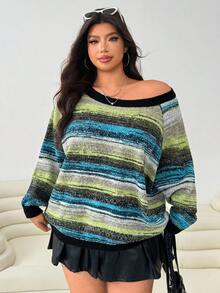 Solflare Plus Size Women Casual/Work Raglan Sleeve Colorblock Striped Pattern Pullover Sweater, Autumn/Winter Fall - Multicolor - View 6