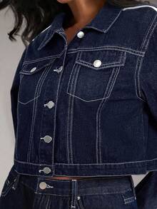 SHEIN Teen Girl Contrast Stitching Dark Blue Denim Loose Fit Turndown Collar Long Sleeve Jacket - Dark Wash - View 3