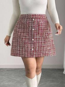 Elenzga Eleganter A-Linien Rock mit Perlknöpfen & Taschen in Große Größen, geeignet für Damenkleidung Frühling, Sommer, Herbst, Winter - Bordeaux - Übersicht 3
